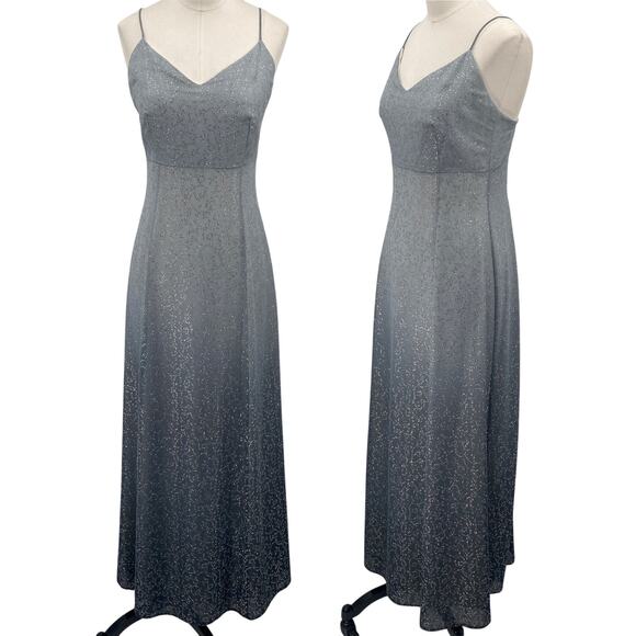 Vintage 90s Y2k Ombre Gown Formal Prom Floral Glitter Silver Gray Black XS 0/2 - Picture 1 of 9